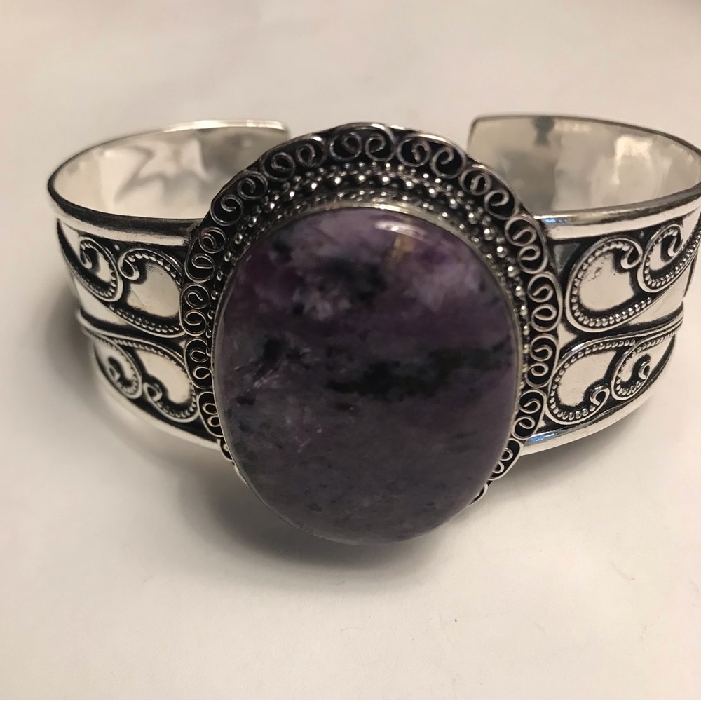 Charoite Stamped 925 Sterling Silver Cuff Bracelet